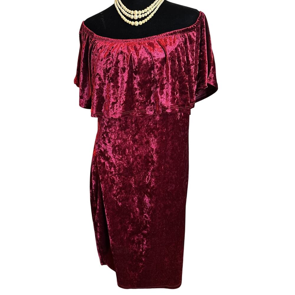 B. Darlin Velvet Off Shoulder Ruffle Dress 1XL Burgundy